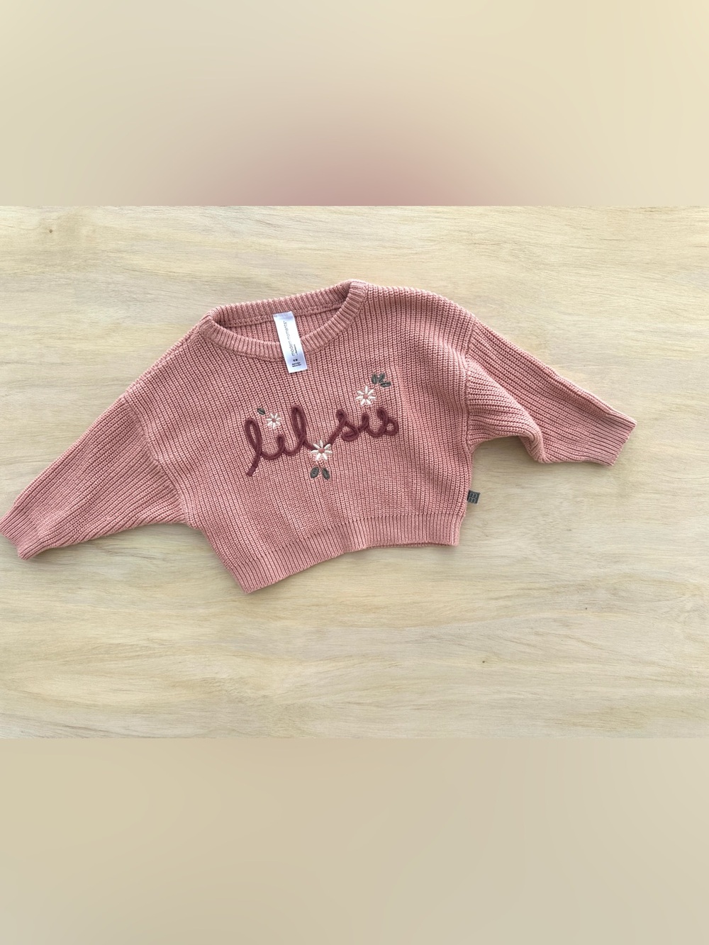 Lil Sis Embroidered Pink Knit Cropped Sweater 12 month